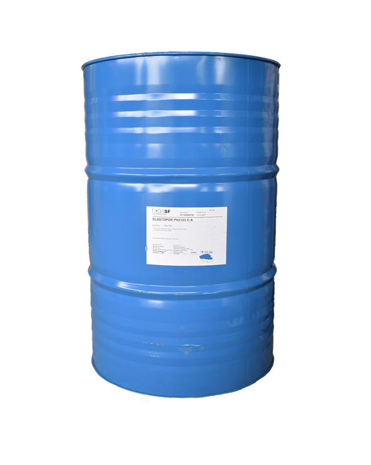 Blue industrial drum with a label on a white background